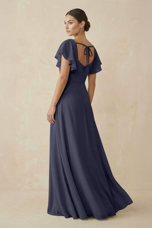 Chiffon A - Line Long Bridesmaid Dress with Flutter Sleeves in Dusk Blue - SHE IS ME Bridesmaid Dresses