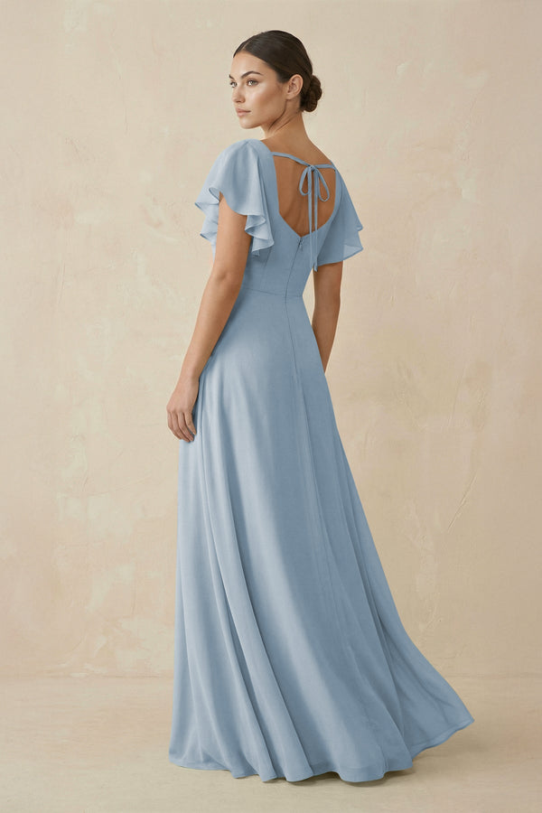 Chiffon A - Line Long Bridesmaid Dress with Flutter Sleeves in Dusty Blue - SHE IS ME Bridesmaid Dresses