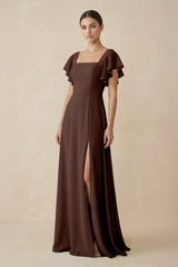Chiffon A - Line Long Bridesmaid Dress with Flutter Sleeves in Espresso - KISS BRIDAL Bridesmaid Dresses