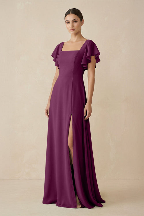 Chiffon A - Line Long Bridesmaid Dress with Flutter Sleeves in Fig - SHE IS ME Bridesmaid Dresses