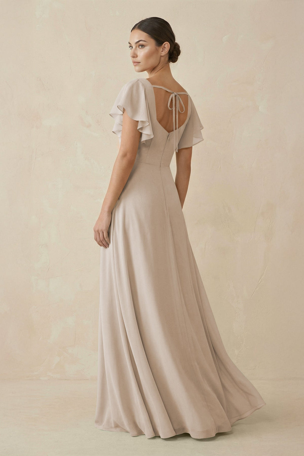 Chiffon A - Line Long Bridesmaid Dress with Flutter Sleeves in Frost - SHE IS ME Bridesmaid Dresses