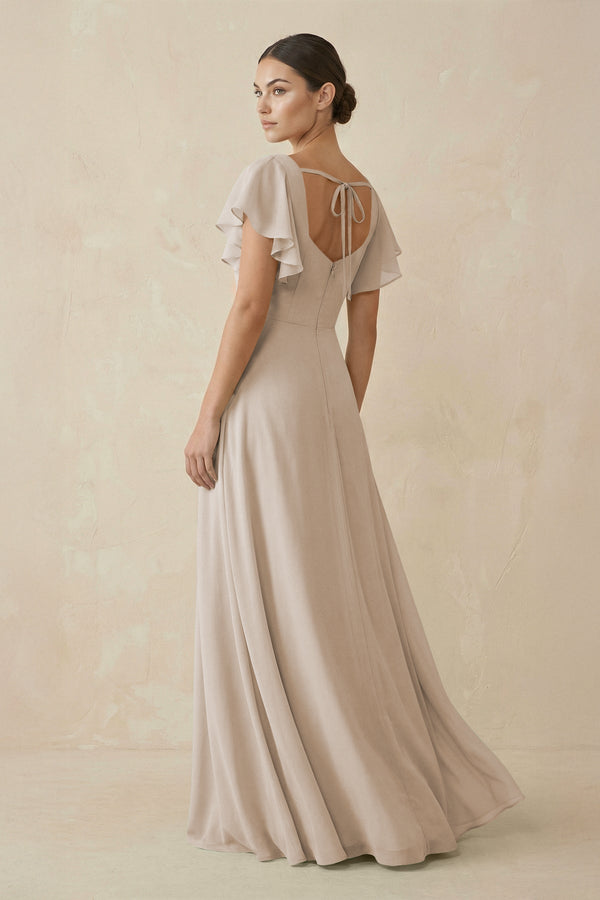 Chiffon A - Line Long Bridesmaid Dress with Flutter Sleeves in Frost - SHE IS ME Bridesmaid Dresses
