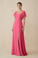 Chiffon A - Line Long Bridesmaid Dress with Flutter Sleeves in Fuchsia - SHE IS ME Bridesmaid Dresses