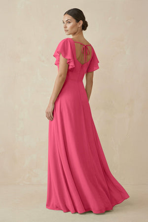 Chiffon A - Line Long Bridesmaid Dress with Flutter Sleeves in Fuchsia - SHE IS ME Bridesmaid Dresses