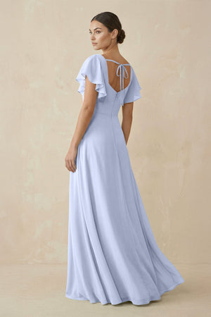 Chiffon A - Line Long Bridesmaid Dress with Flutter Sleeves in Ice - SHE IS ME Bridesmaid Dresses