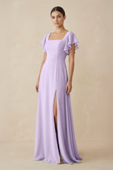 Chiffon A - Line Long Bridesmaid Dress with Flutter Sleeves in Lavender - KISS BRIDAL Bridesmaid Dresses