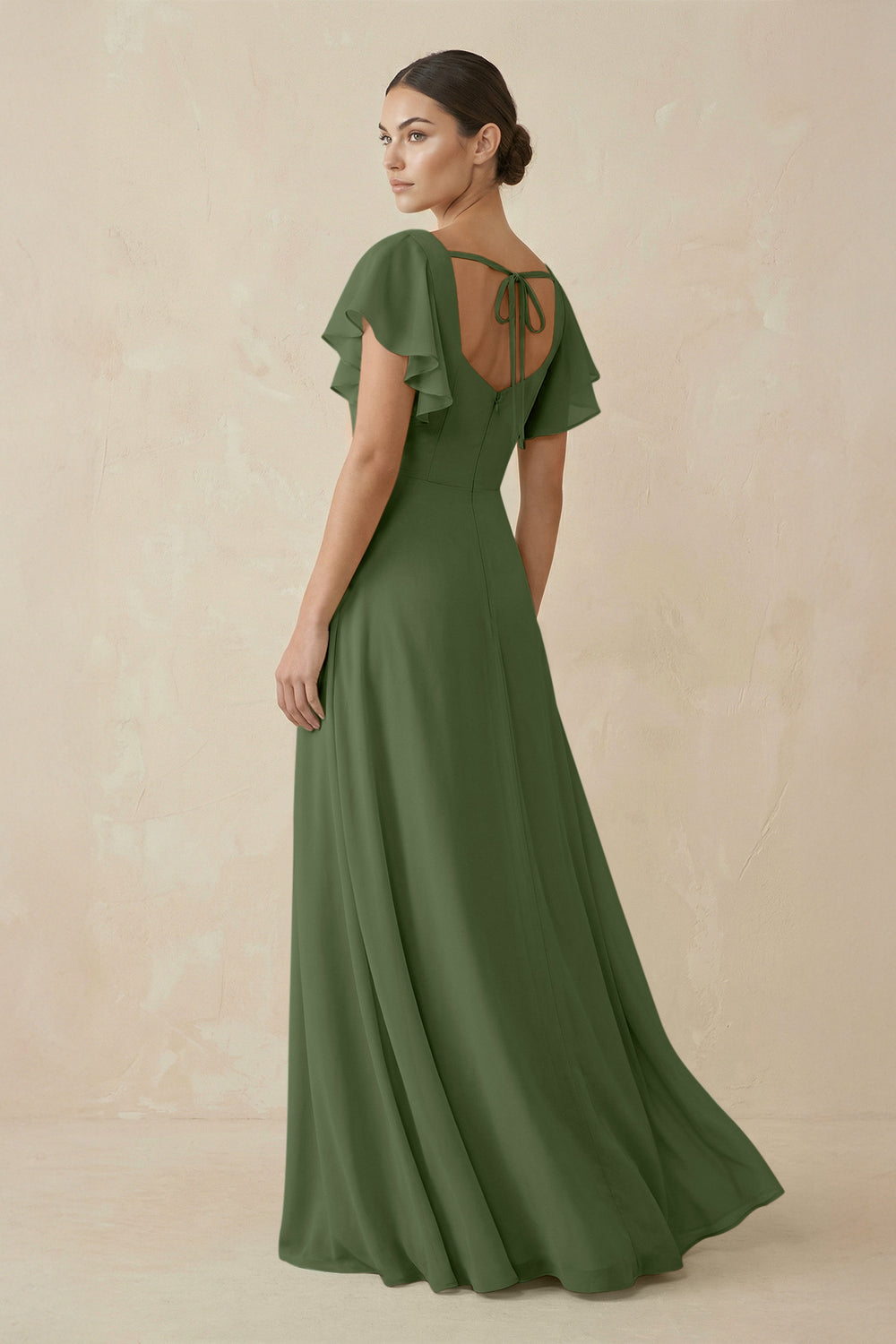 Chiffon A-Line Long Bridesmaid Dress with Flutter Sleeves in Moss