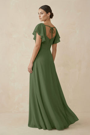 Chiffon A-Line Long Bridesmaid Dress with Flutter Sleeves in Moss (2) | KISSBRIDAL