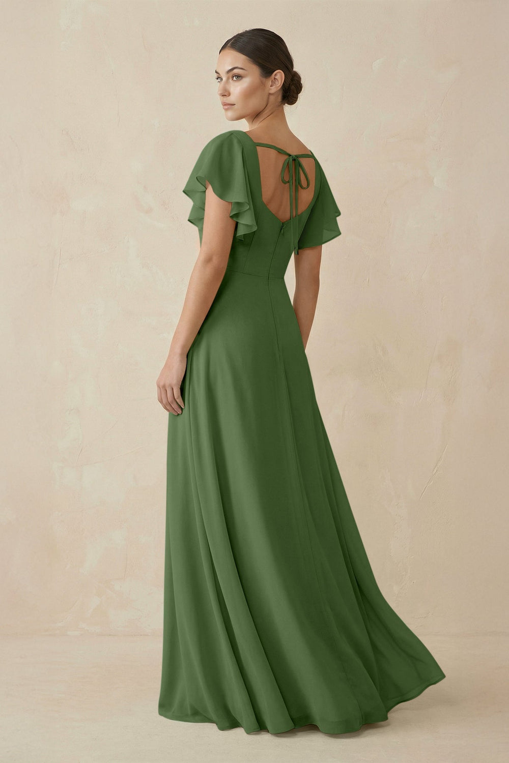 Chiffon A - Line Long Bridesmaid Dress with Flutter Sleeves in Moss - SHE IS ME Bridesmaid Dresses