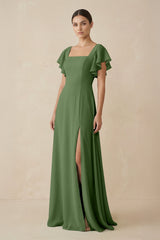 Chiffon A - Line Long Bridesmaid Dress with Flutter Sleeves in Moss - KISS BRIDAL Bridesmaid Dresses