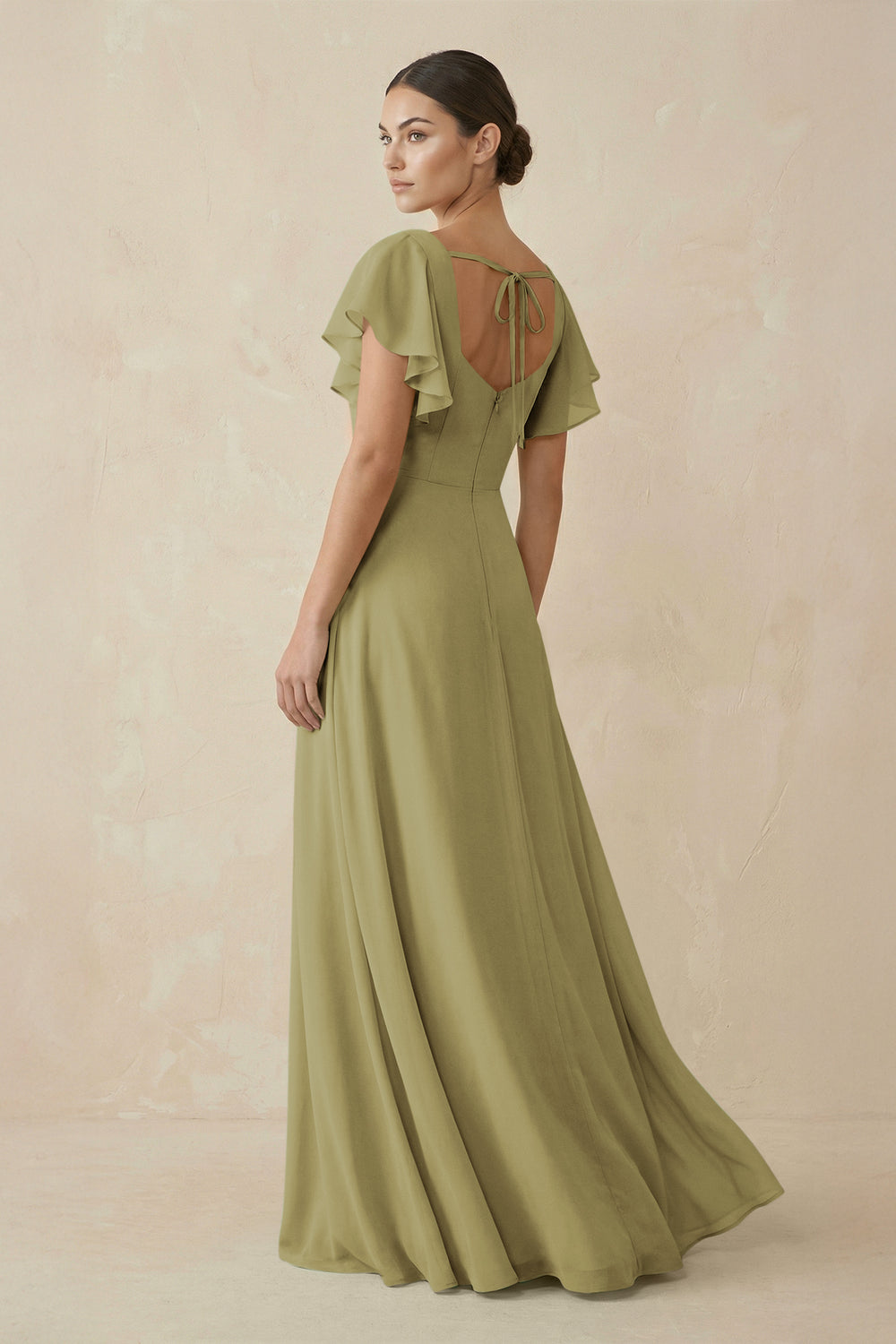 Chiffon A-Line Long Bridesmaid Dress with Flutter Sleeves in Moss Green