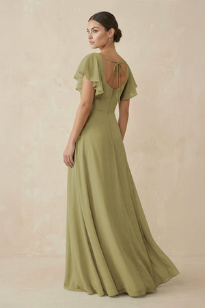 Chiffon A-Line Long Bridesmaid Dress with Flutter Sleeves in Moss Green (2) | KISSBRIDAL