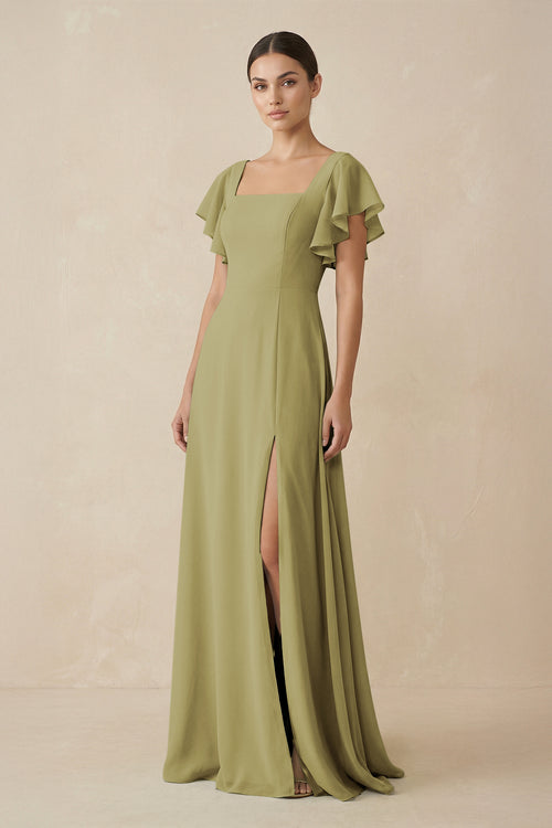 Chiffon A-Line Long Bridesmaid Dress with Flutter Sleeves in Moss Green | KISSBRIDAL