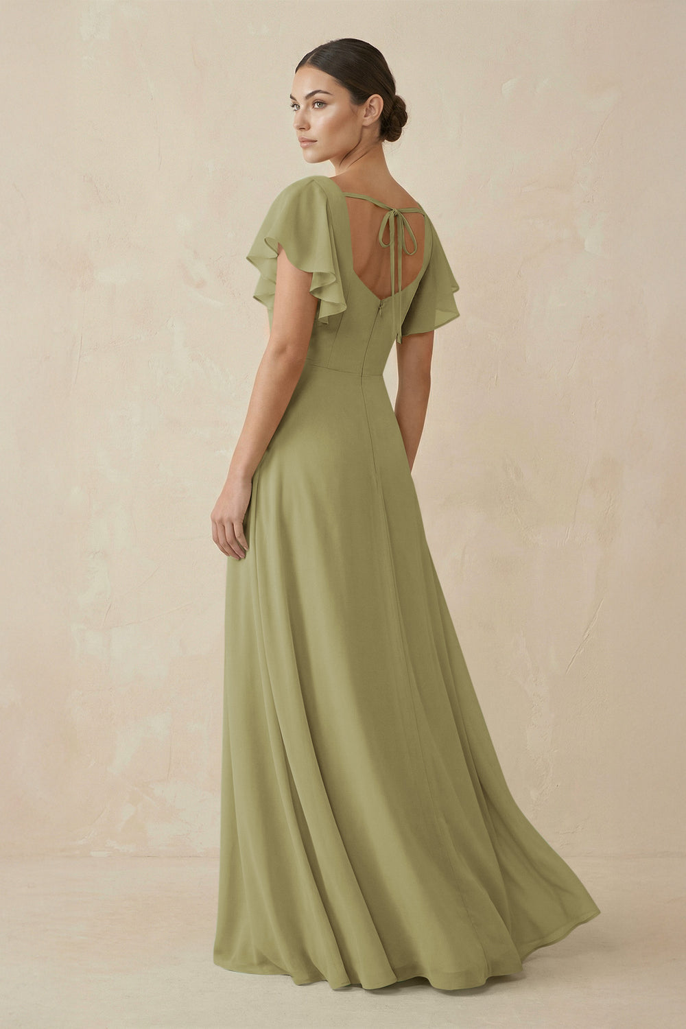 Chiffon A-Line Long Bridesmaid Dress with Flutter Sleeves in Moss Green