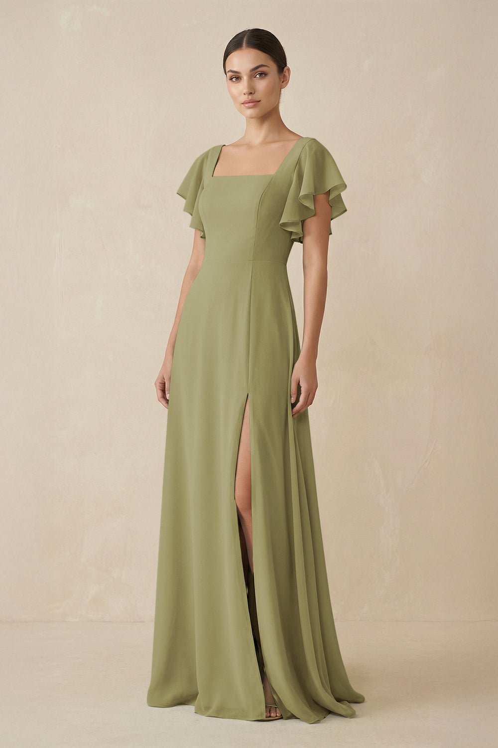 Chiffon A-Line Long Bridesmaid Dress with Flutter Sleeves in Moss Green