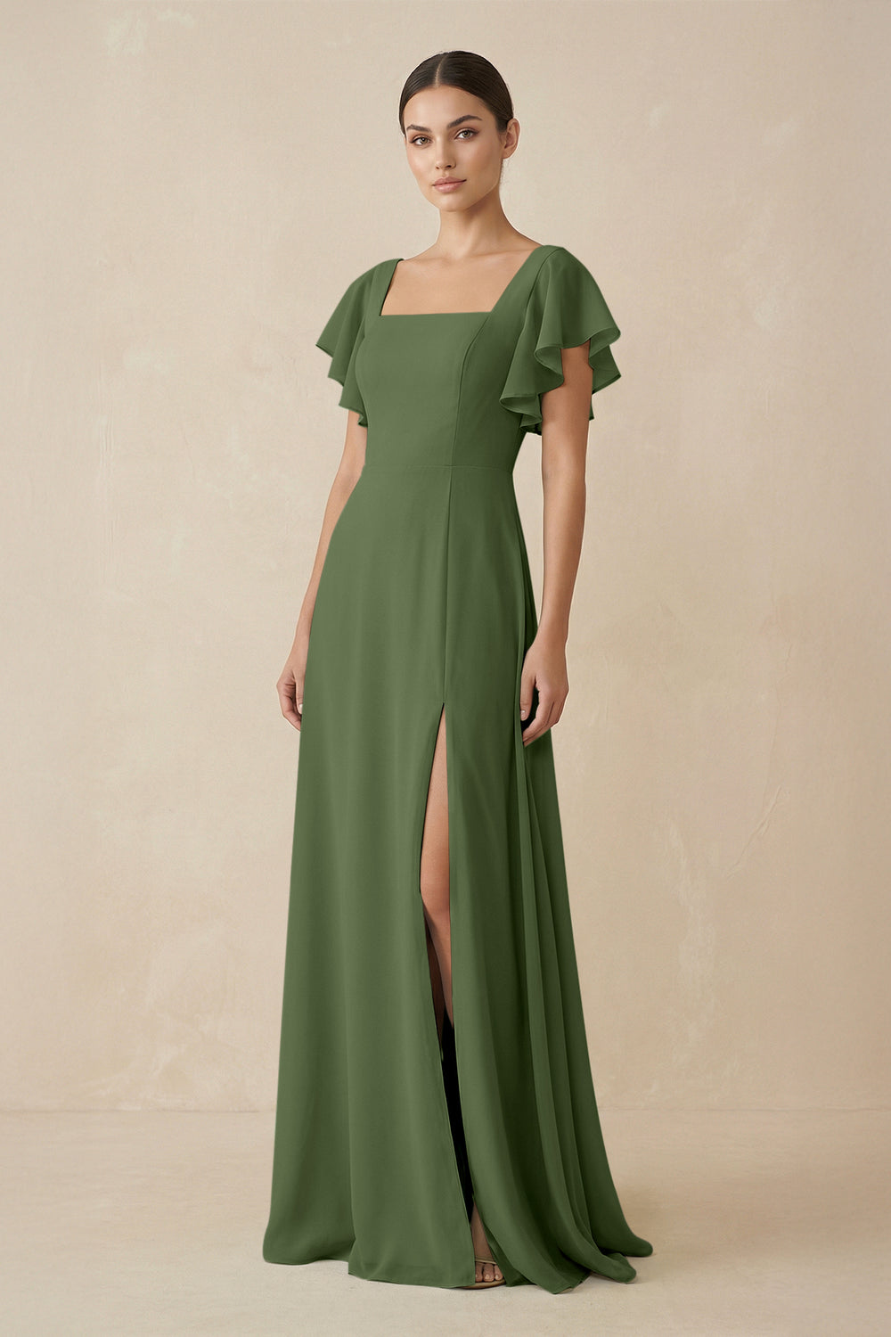 Chiffon A-Line Long Bridesmaid Dress with Flutter Sleeves in Moss