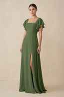 Chiffon A-Line Long Bridesmaid Dress with Flutter Sleeves in Moss | KISSBRIDAL