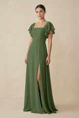 Chiffon A-Line Long Bridesmaid Dress with Flutter Sleeves in Moss | KISSBRIDAL