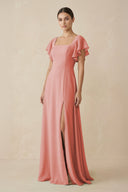 Chiffon A - Line Long Bridesmaid Dress with Flutter Sleeves in Mulberry - SHE IS ME Bridesmaid Dresses