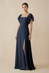 Chiffon A - Line Long Bridesmaid Dress with Flutter Sleeves in Navy - KISS BRIDAL Bridesmaid Dresses