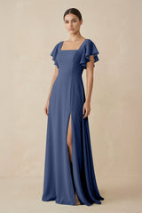 Chiffon A - Line Long Bridesmaid Dress with Flutter Sleeves in Navy - KISS BRIDAL Bridesmaid Dresses