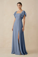 Chiffon A - Line Long Bridesmaid Dress with Flutter Sleeves in Neptune - KISS BRIDAL Bridesmaid Dresses