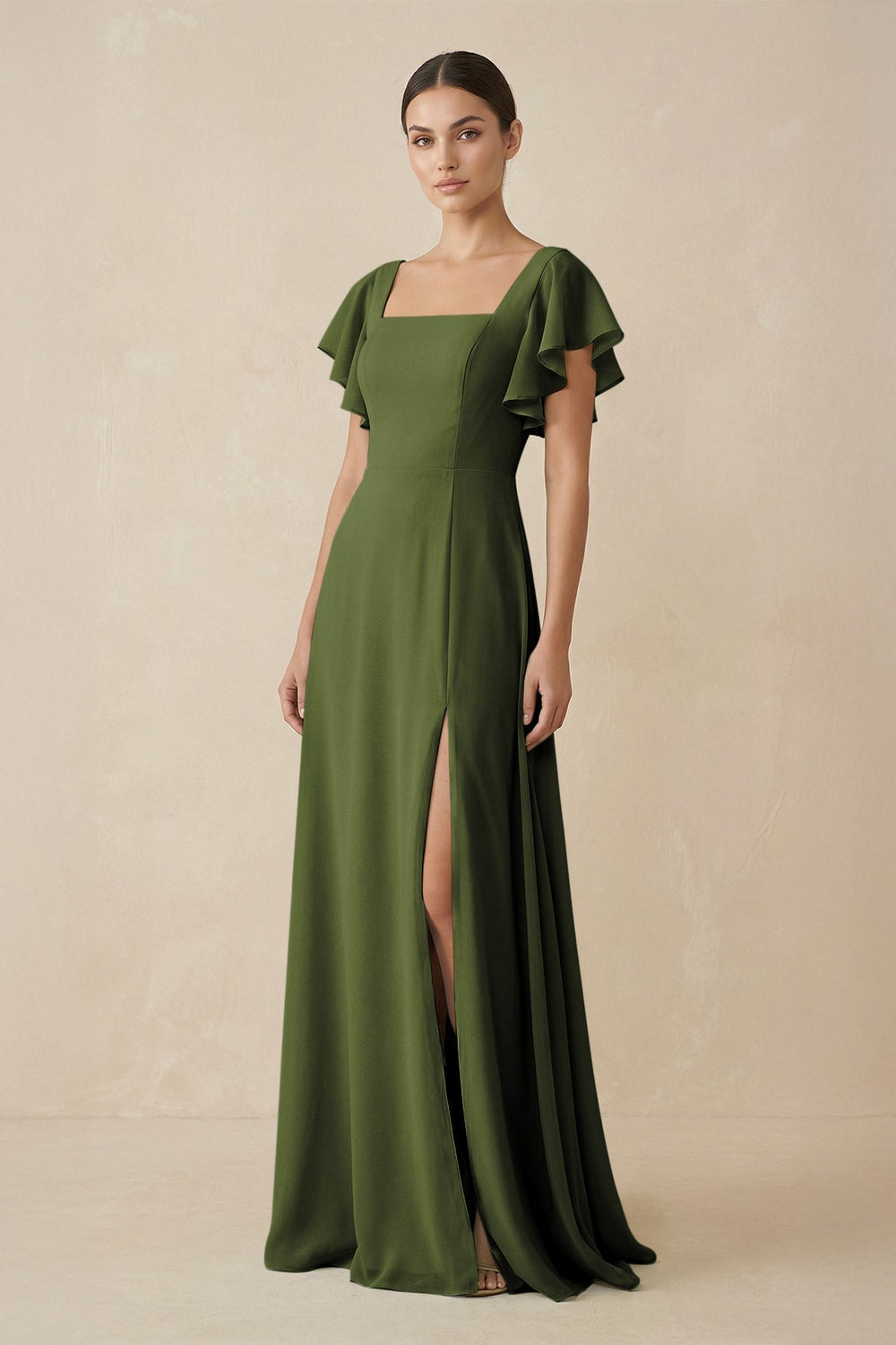 Chiffon A - Line Long Bridesmaid Dress with Flutter Sleeves in Olive - SHE IS ME Bridesmaid Dresses