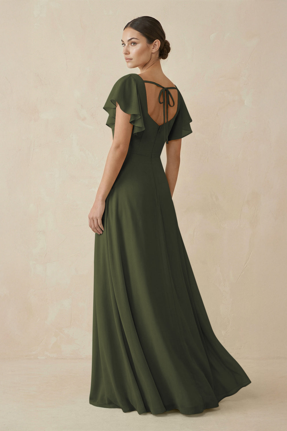 Chiffon A-Line Long Bridesmaid Dress with Flutter Sleeves in Olive