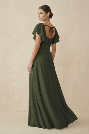Chiffon A - Line Long Bridesmaid Dress with Flutter Sleeves in Olive - KISS BRIDAL Bridesmaid Dresses