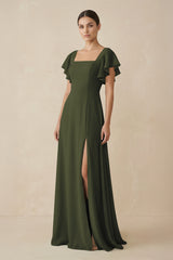 Chiffon A - Line Long Bridesmaid Dress with Flutter Sleeves in Olive - KISS BRIDAL Bridesmaid Dresses