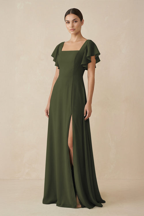 Chiffon A - Line Long Bridesmaid Dress with Flutter Sleeves in Olive - KISS BRIDAL Bridesmaid Dresses