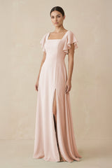 Chiffon A - Line Long Bridesmaid Dress with Flutter Sleeves in Pale Blush - KISS BRIDAL Bridesmaid Dresses