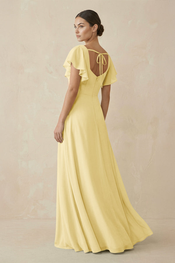 Chiffon A - Line Long Bridesmaid Dress with Flutter Sleeves in Pastel Yellow - SHE IS ME Bridesmaid Dresses
