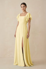 Chiffon A - Line Long Bridesmaid Dress with Flutter Sleeves in Pastel Yellow - KISS BRIDAL Bridesmaid Dresses