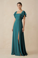 Chiffon A - Line Long Bridesmaid Dress with Flutter Sleeves in Pine - KISS BRIDAL Bridesmaid Dresses