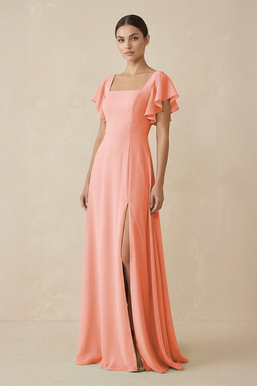Chiffon A - Line Long Bridesmaid Dress with Flutter Sleeves in Rosette - SHE IS ME Bridesmaid Dresses