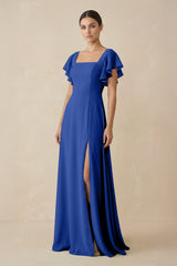 Chiffon A - Line Long Bridesmaid Dress with Flutter Sleeves in Royal Blue - KISS BRIDAL Bridesmaid Dresses