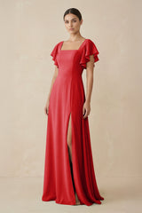 Chiffon A - Line Long Bridesmaid Dress with Flutter Sleeves in Ruby Red - KISS BRIDAL Bridesmaid Dresses