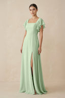 Chiffon A - Line Long Bridesmaid Dress with Flutter Sleeves in Sage - SHE IS ME Bridesmaid Dresses
