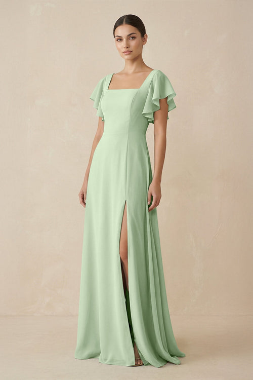 Chiffon A - Line Long Bridesmaid Dress with Flutter Sleeves in Sage - SHE IS ME Bridesmaid Dresses