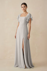 Chiffon A - Line Long Bridesmaid Dress with Flutter Sleeves in Silver - KISS BRIDAL Bridesmaid Dresses