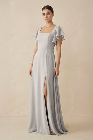Chiffon A - Line Long Bridesmaid Dress with Flutter Sleeves in Silver - SHE IS ME Bridesmaid Dresses