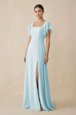 Chiffon A - Line Long Bridesmaid Dress with Flutter Sleeves in Sky Blue - SHE IS ME Bridesmaid Dresses
