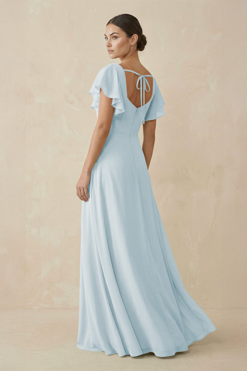 Chiffon A-Line Long Bridesmaid Dress with Flutter Sleeves in Sky Blue