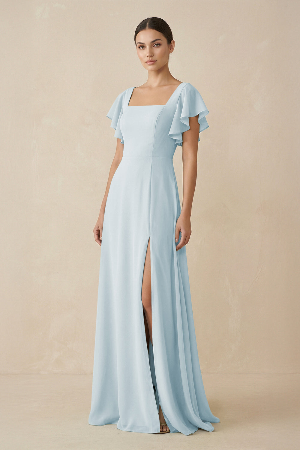 Chiffon A-Line Long Bridesmaid Dress with Flutter Sleeves in Sky Blue