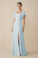 Chiffon A - Line Long Bridesmaid Dress with Flutter Sleeves in Sky Blue - KISS BRIDAL Bridesmaid Dresses