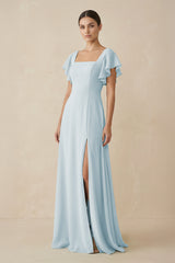 Chiffon A - Line Long Bridesmaid Dress with Flutter Sleeves in Sky Blue - KISS BRIDAL Bridesmaid Dresses