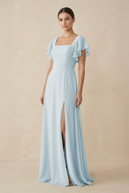 Chiffon A - Line Long Bridesmaid Dress with Flutter Sleeves in Sky Blue - KISS BRIDAL Bridesmaid Dresses