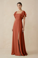 Chiffon A - Line Long Bridesmaid Dress with Flutter Sleeves in Spice - KISS BRIDAL Bridesmaid Dresses
