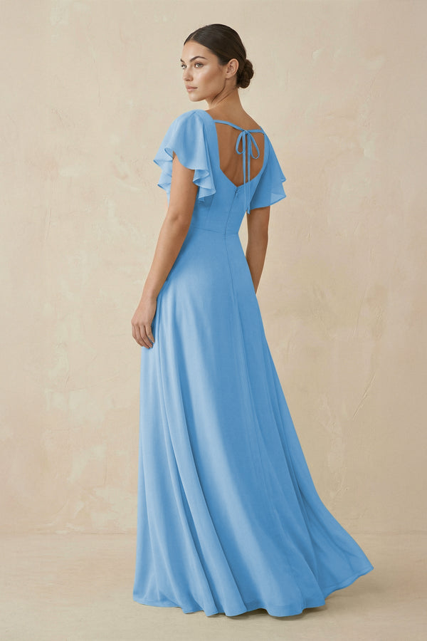 Chiffon A - Line Long Bridesmaid Dress with Flutter Sleeves in Steel Blue - SHE IS ME Bridesmaid Dresses